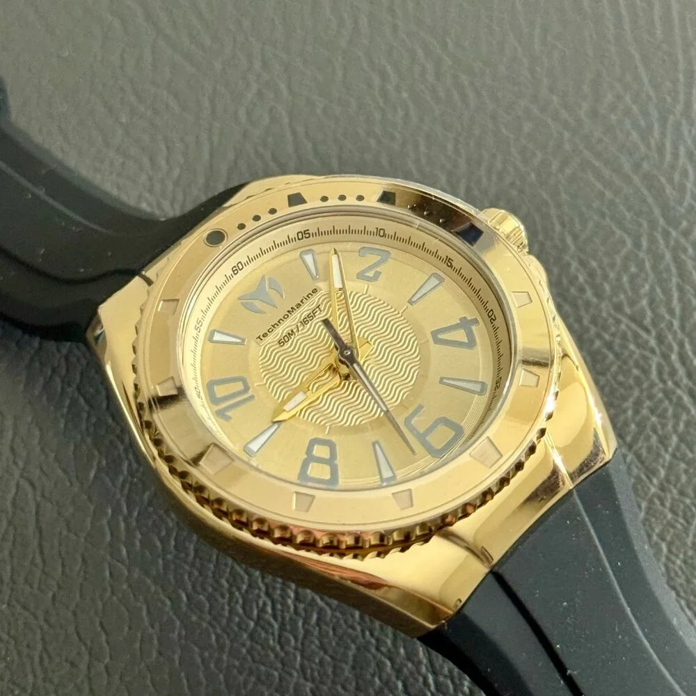 TechnoMarine Lusso Mare Gold Tone Watch Black Silicone Strap NWT
